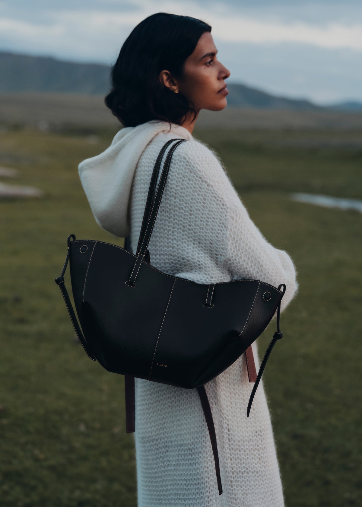 Polène Cyme Mini - Textured Black with Ecru Stitching