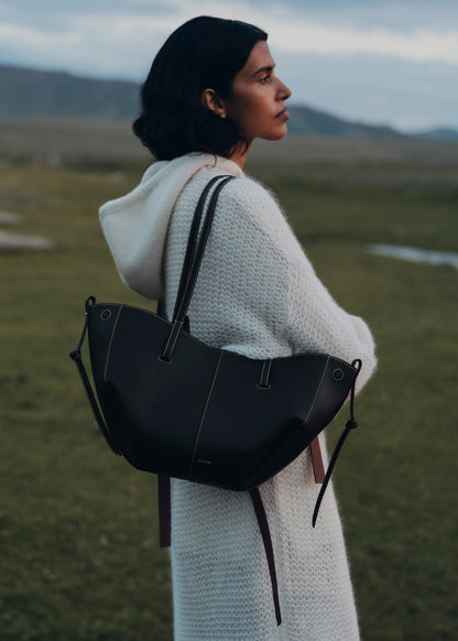 Polène Cyme Mini - Textured Black with Ecru Stitching