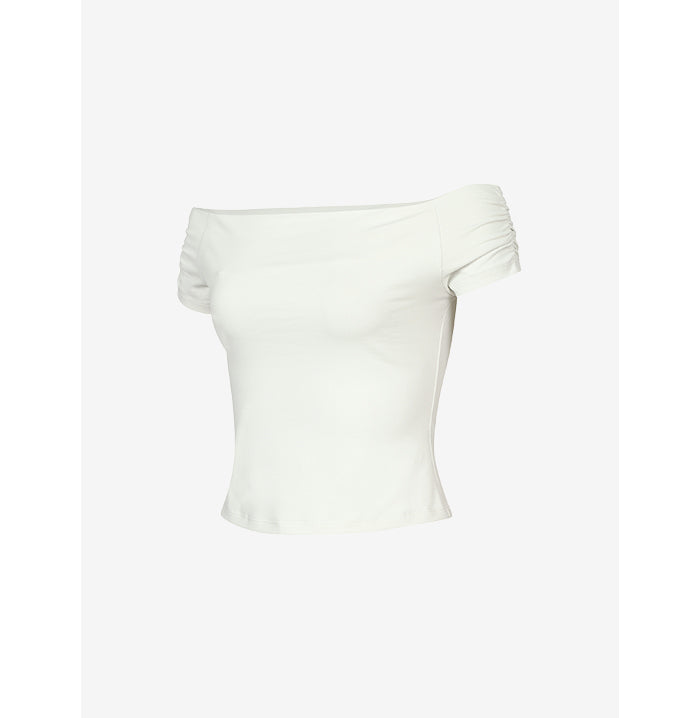 Shirring 一字膊短袖 淺米 上身