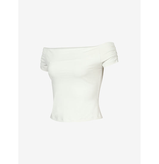Shirring 一字膊短袖 淺米 上身
