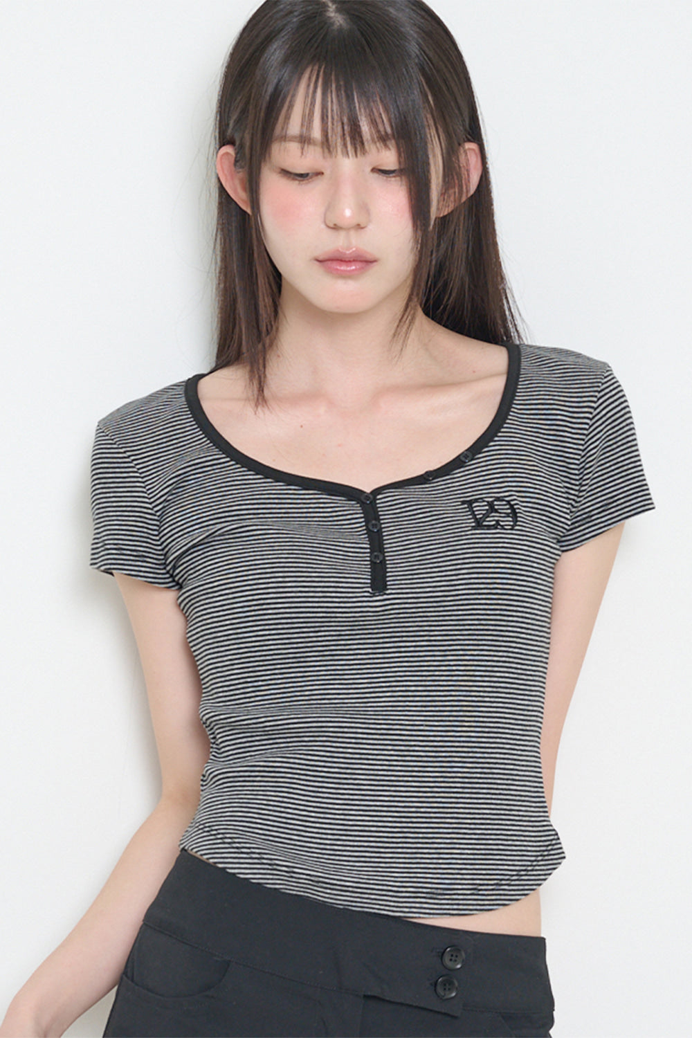 ILLIGO 129 Button Henley Neck T-Shirt Black Stripe official angle image 1