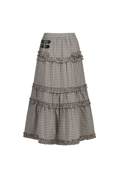 ILLIGO Buckle Frill Long Skirt Check Beige official image 1